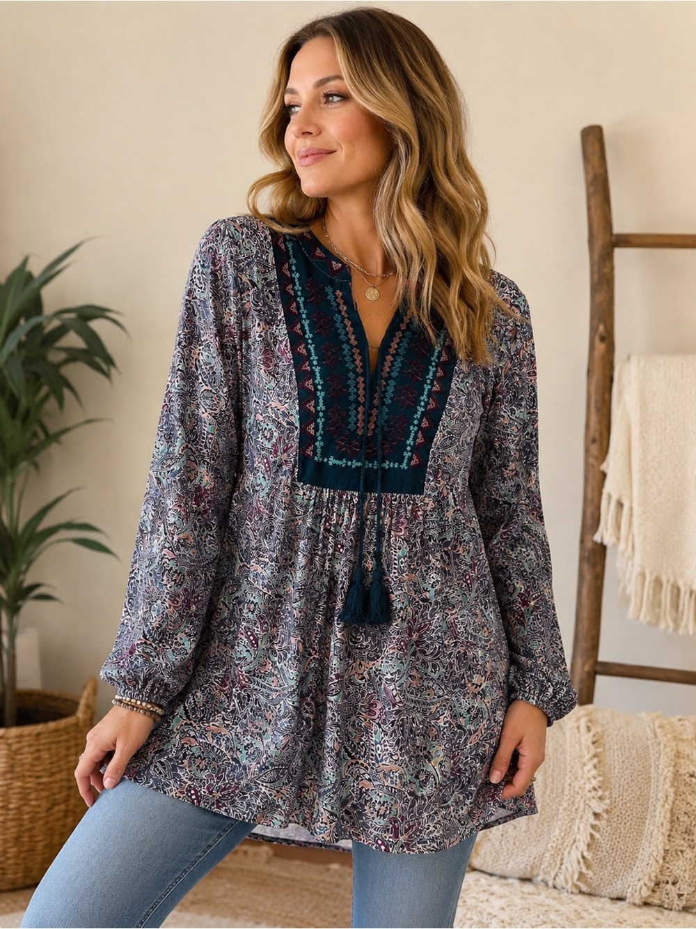 Farmer’s Market by One World blue XL Boho Paisley Embroidered Tassel Tunic Top